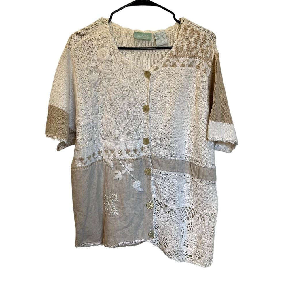 220 Hickory Vintage Short Sleeve Granny Sweater Crochet Linen Patchwork Size L